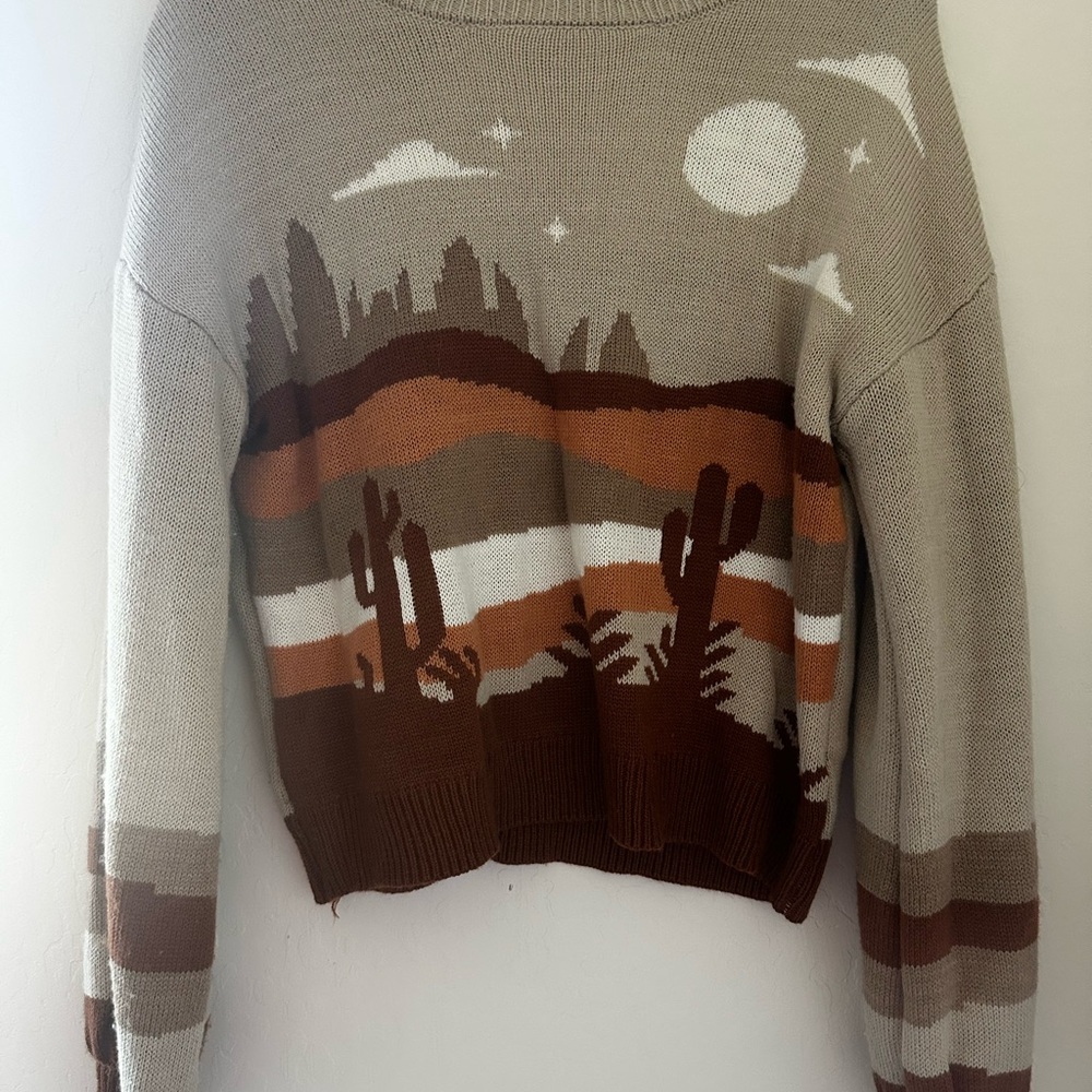 Almost Famous Desert Scene Knit Sweater - Brown and Cream